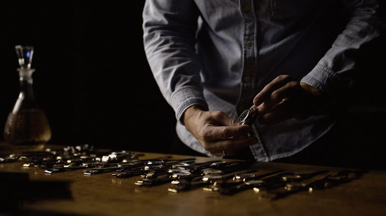 Sorting wristwatches on wooden table in low light.